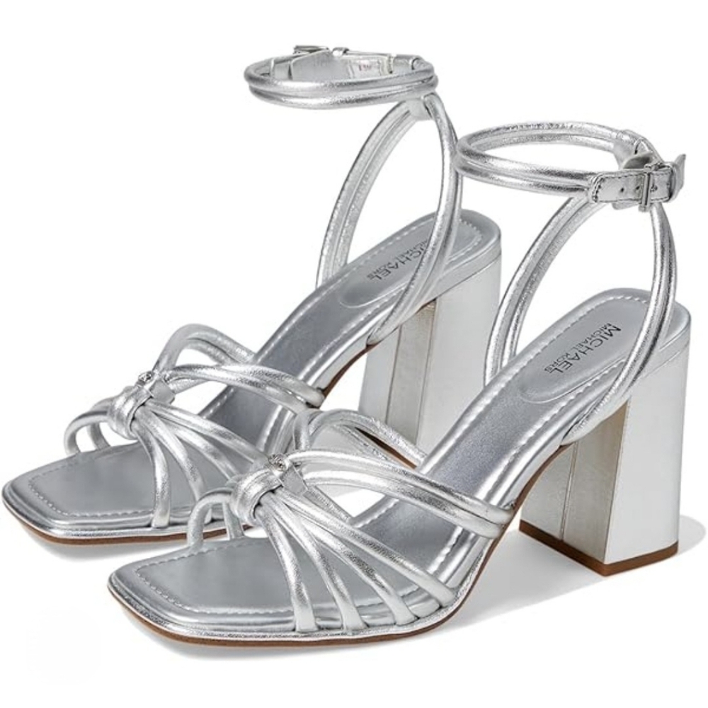 NIB Michael Kors Metallic Silver Strappy Block Heels - Picture 6 of 7